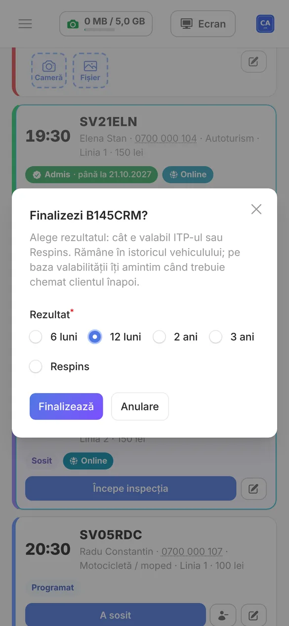 Finalizarea inspecției: valabilitate de 6, 12, 24, 36 de luni sau respins