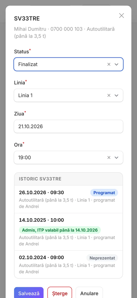 Istoricul unui vehicul: vizite, rezultate, neprezentări