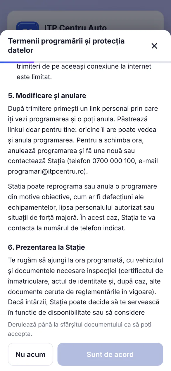 Fereastra cu termenii și informarea GDPR, citită până la capăt înainte de acord